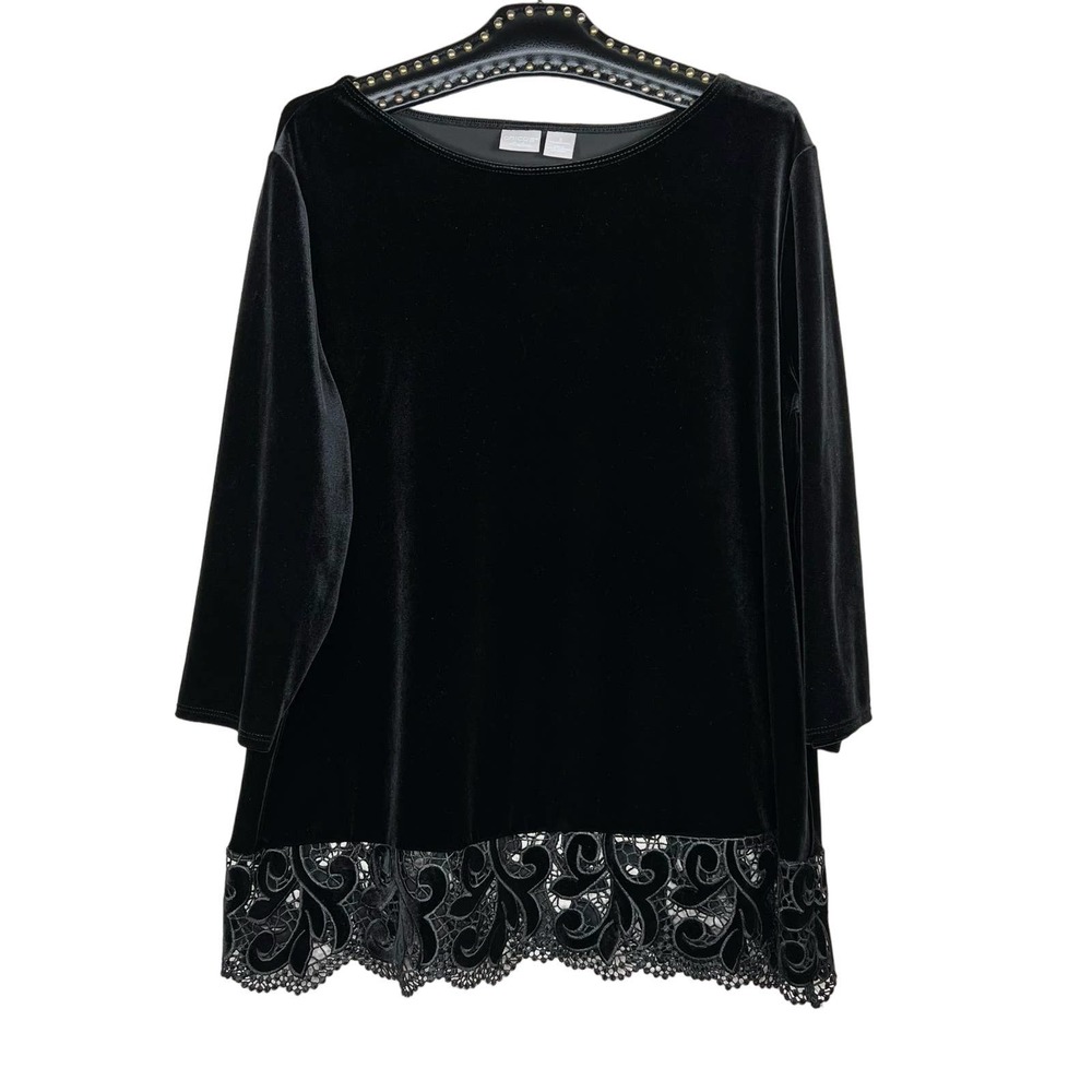 Chico's Black Velvet Top with Lace Trim Size 3 (US 16/18)
